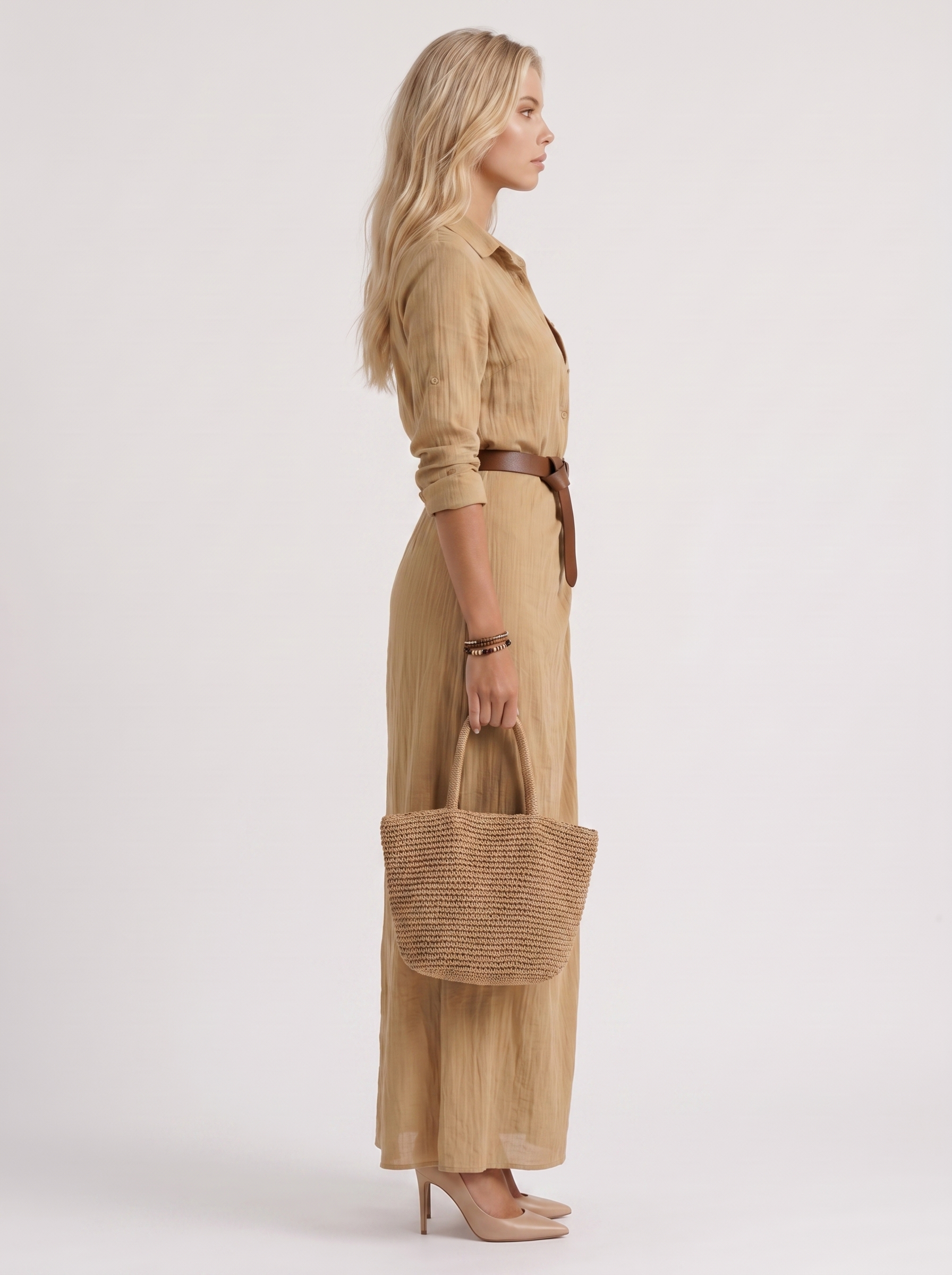 Women khaki maxi dress with point collar and button front