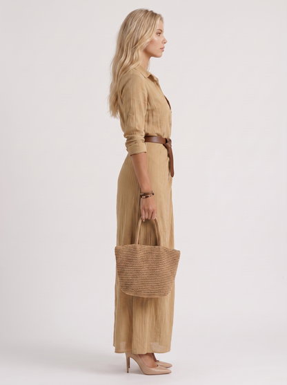 Women khaki maxi dress with point collar and button front