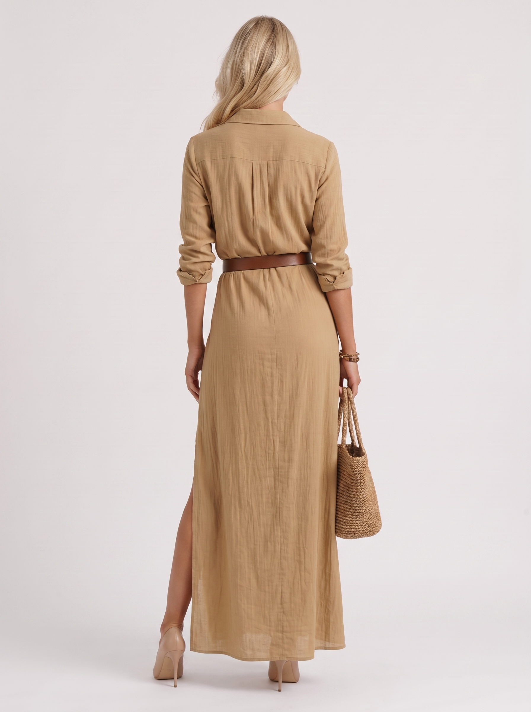 Women khaki maxi dress with point collar and button front