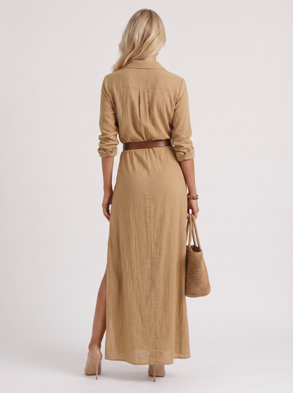 Women khaki maxi dress with point collar and button front