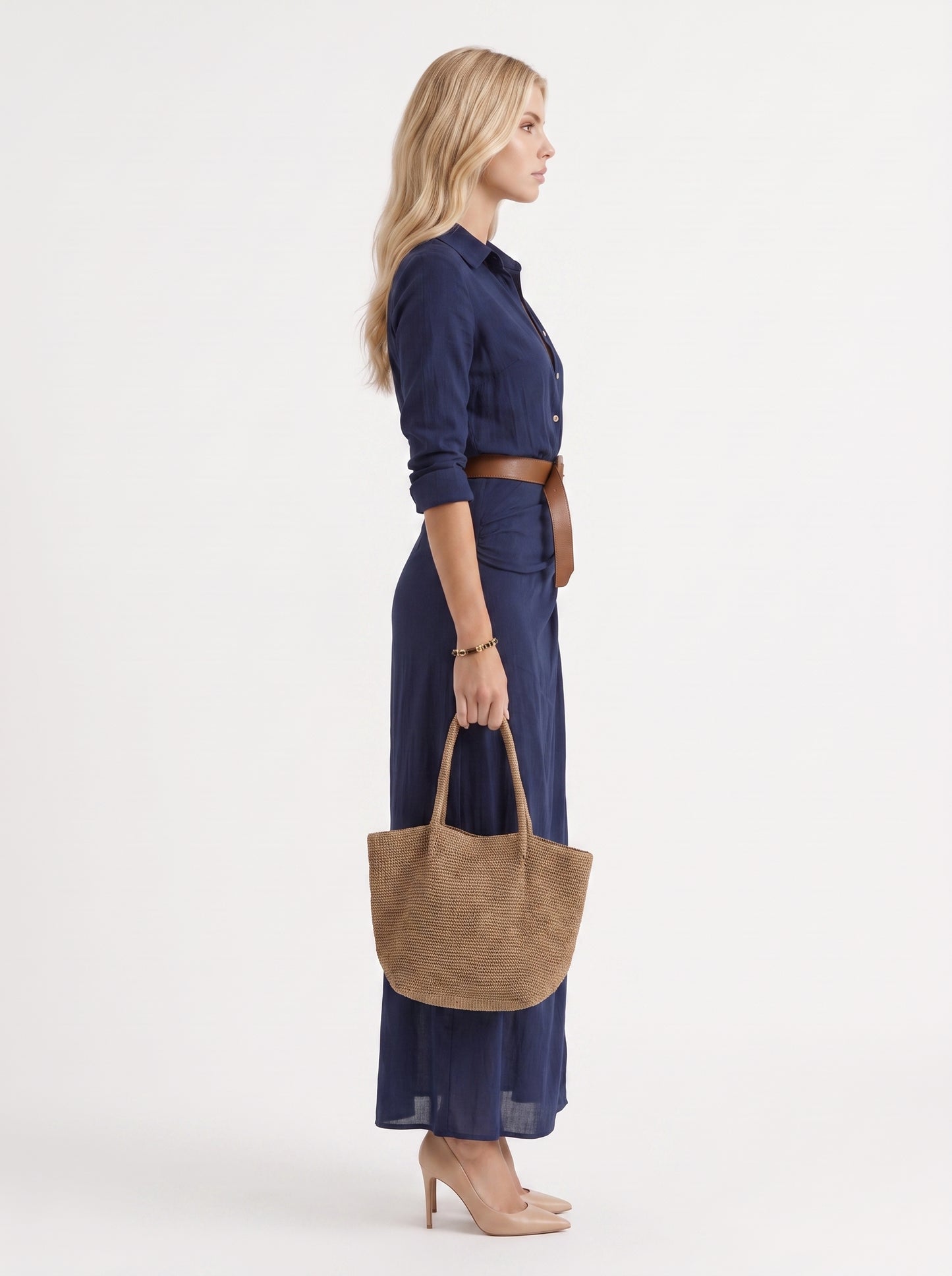 Women navy maxi dress with point collar and button front