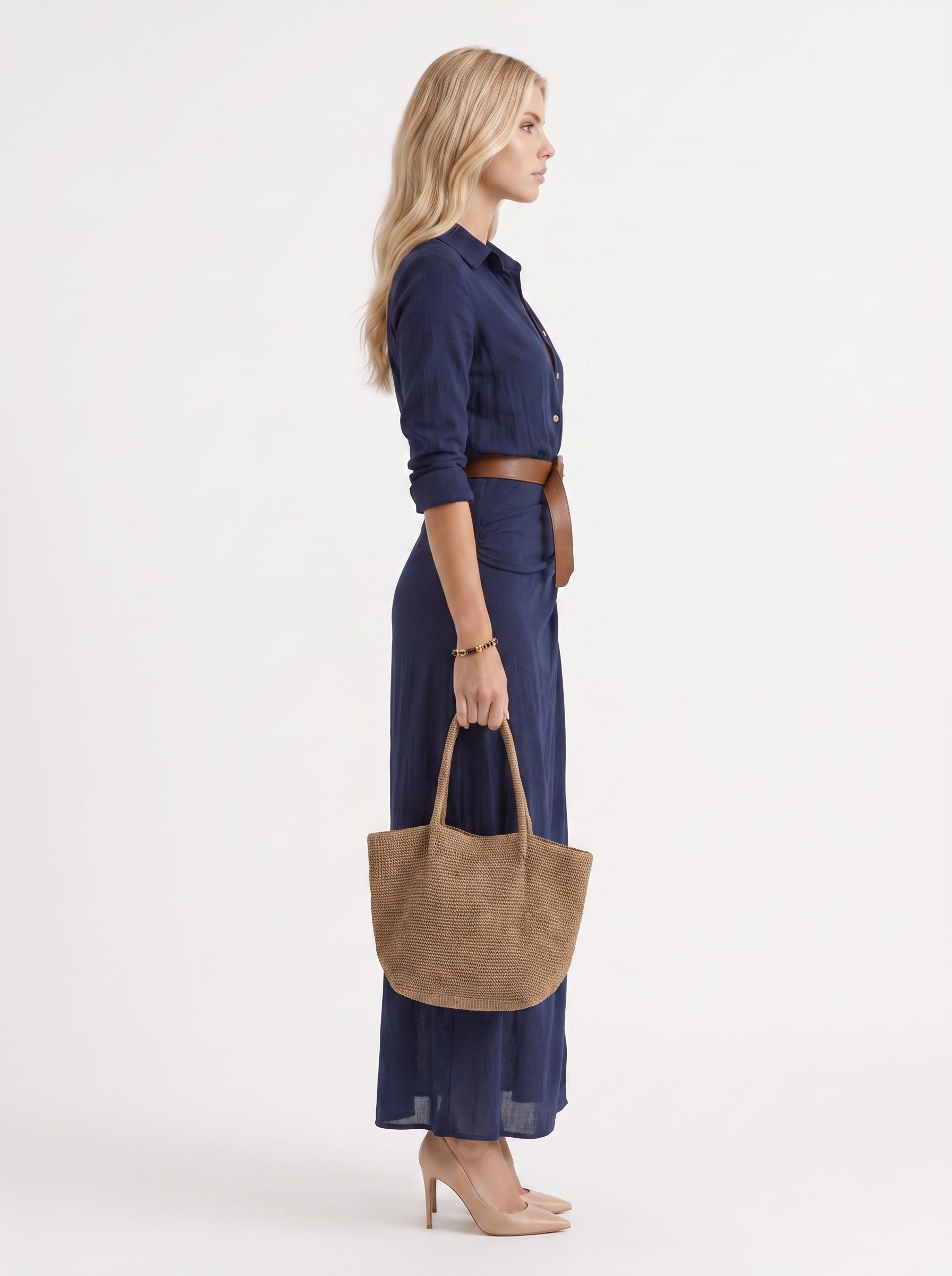Women navy maxi dress with point collar and button front