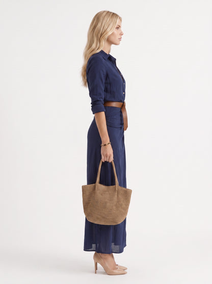 Women navy maxi dress with point collar and button front