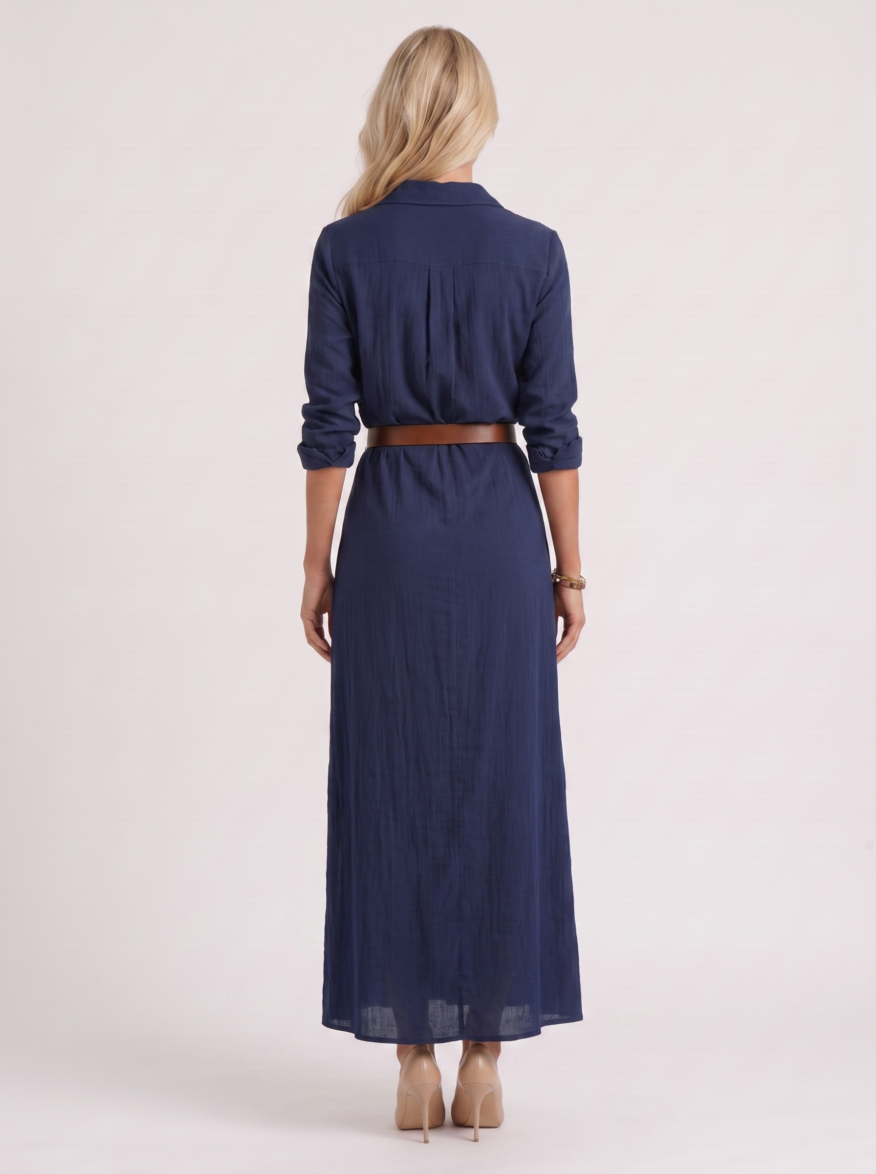Women navy maxi dress with point collar and button front