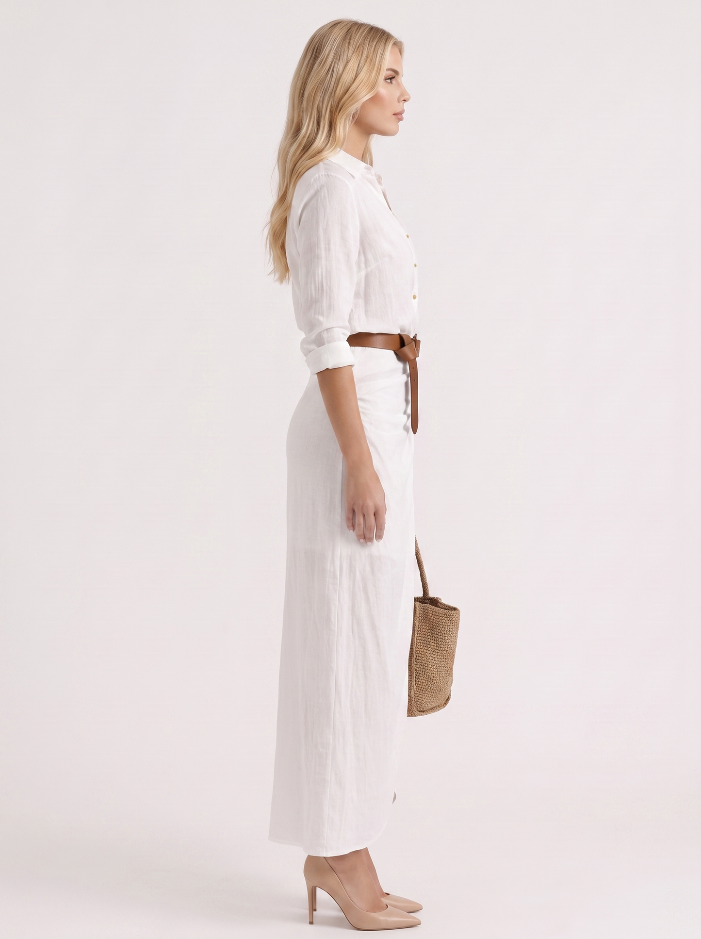 Women white maxi dress with point collar and button front