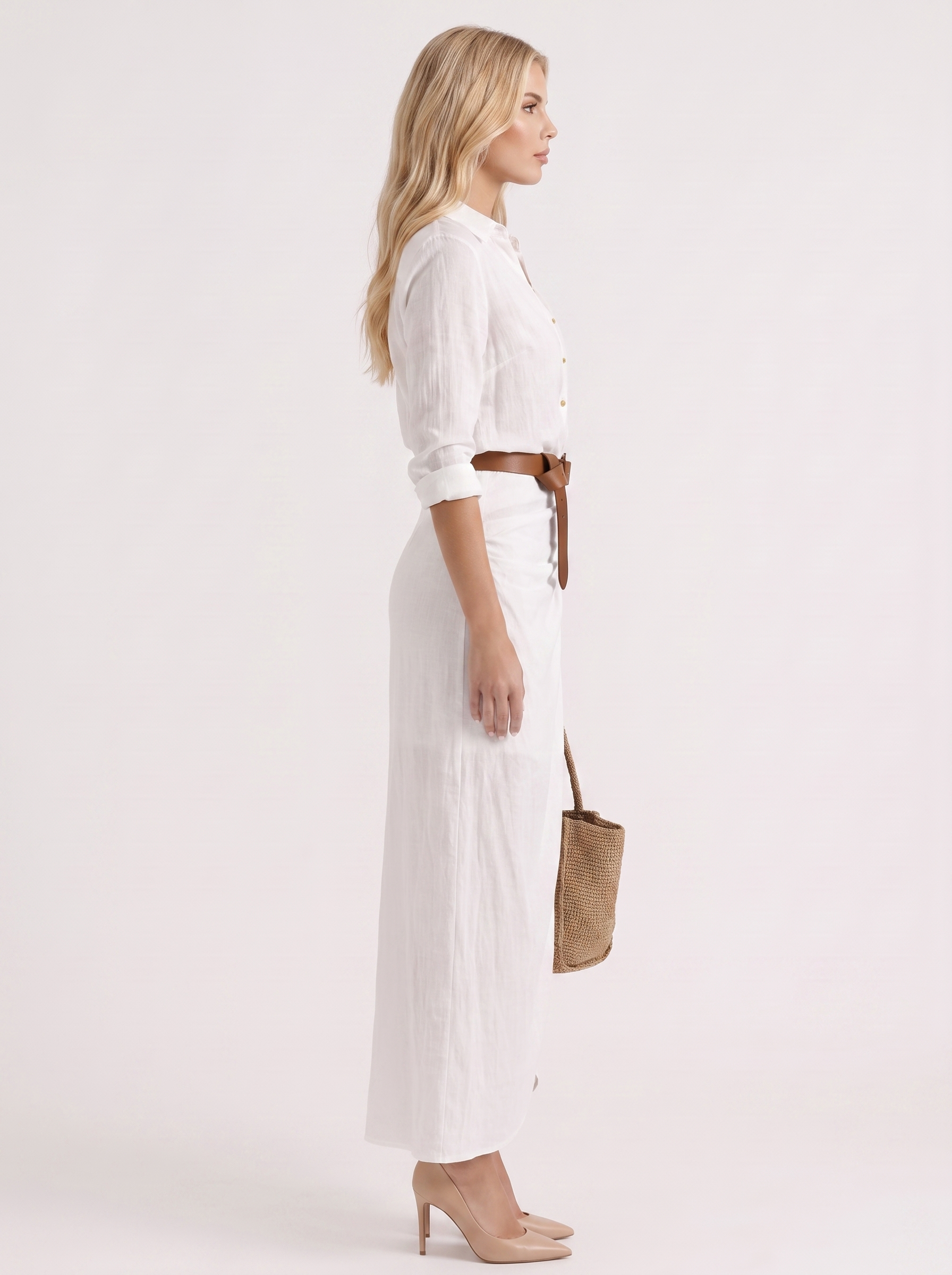 Women white maxi dress with point collar and button front