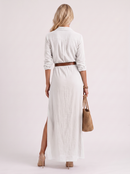 Women white maxi dress with point collar and button front