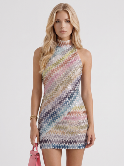 Women multicolor zigzag mini dress with high neckline and zigzag pattern
