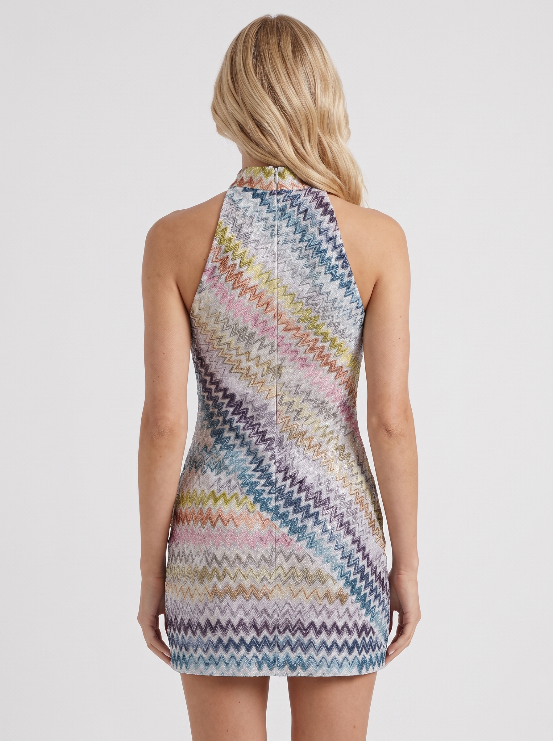 Women multicolor zigzag mini dress with high neckline and zigzag pattern