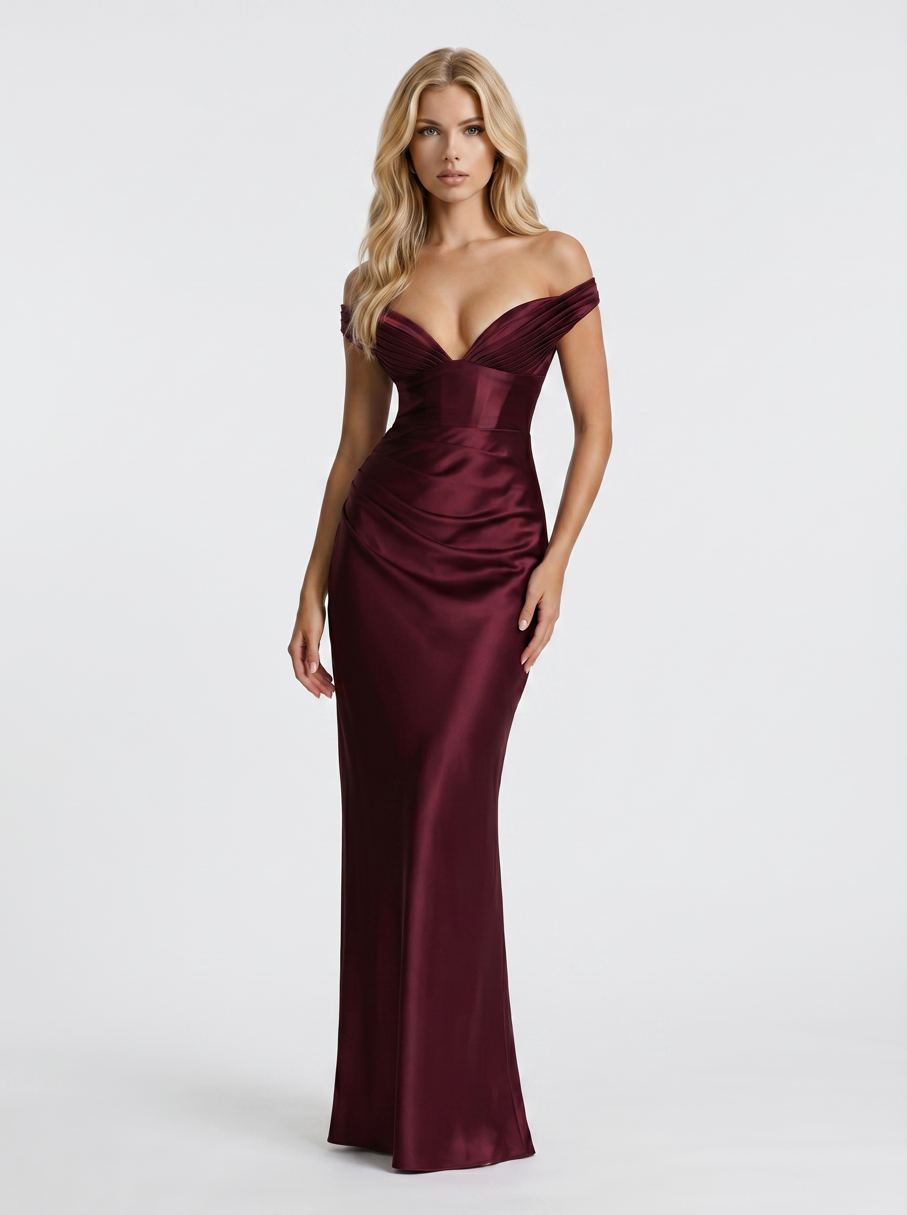 Women cherry lacquer satin off shoulder maxi dress with ruched bodice, 45 degree angle