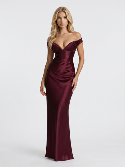 Women cherry lacquer satin off shoulder maxi dress with ruched bodice, 45 degree angle