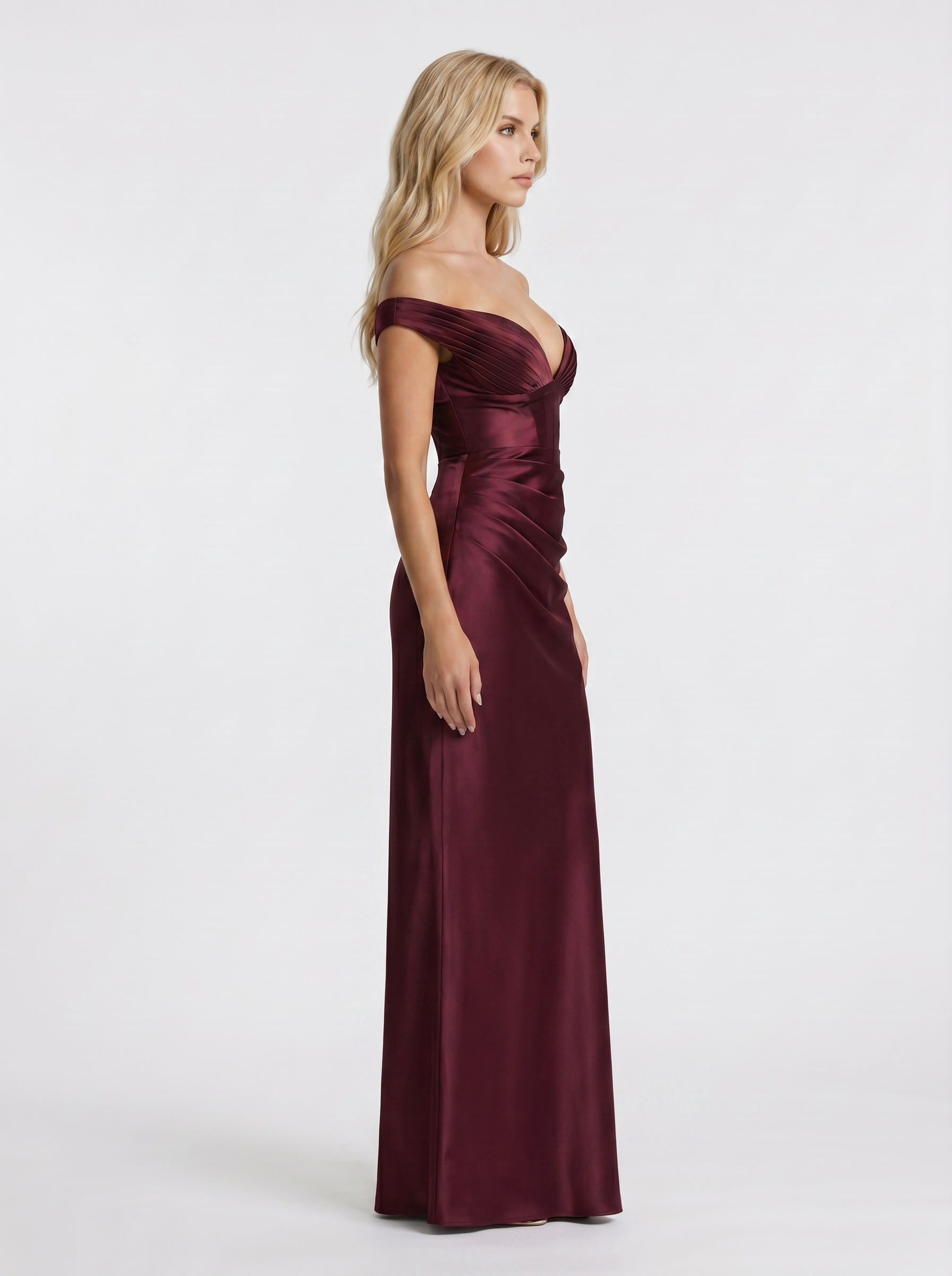 Women cherry lacquer satin off shoulder bodycon maxi dress, side profile