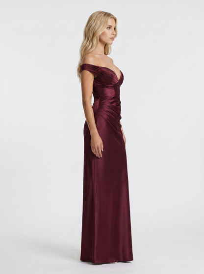 Women cherry lacquer satin off shoulder bodycon maxi dress, side profile