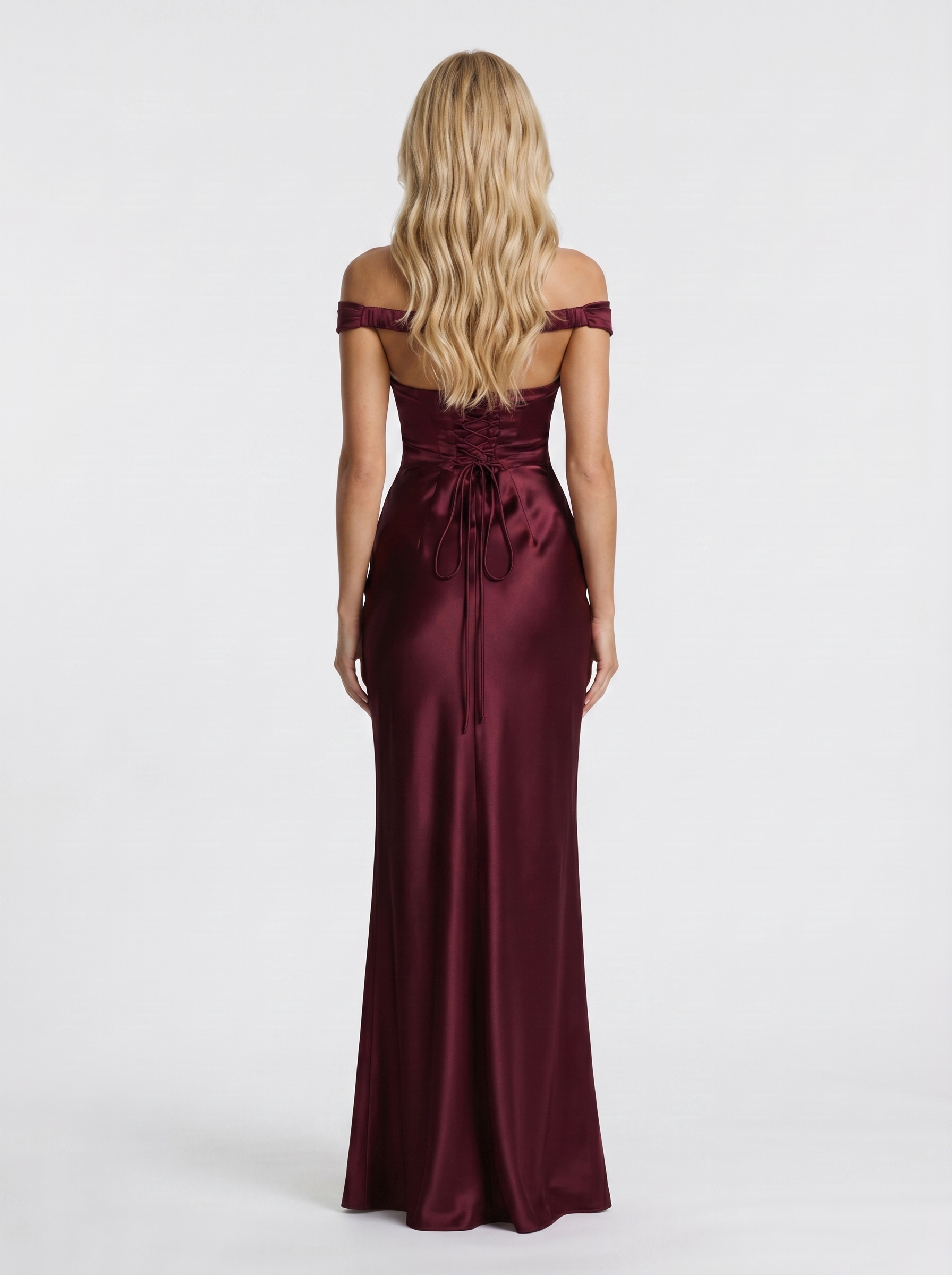 Women cherry lacquer satin off shoulder maxi dress with bodycon back, back view