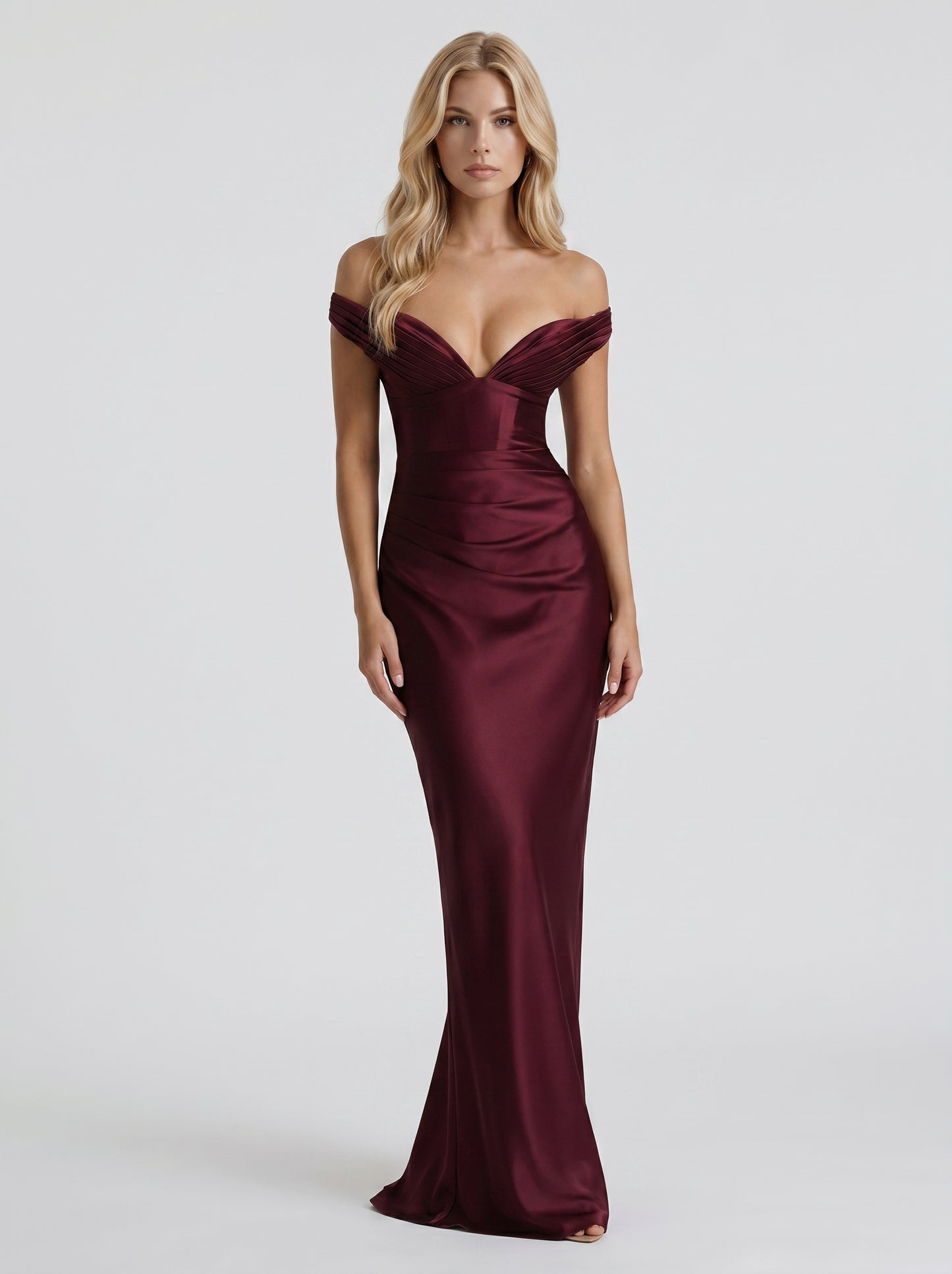 Women cherry lacquer satin off shoulder sweetheart maxi dress with bodycon silhouette, front view