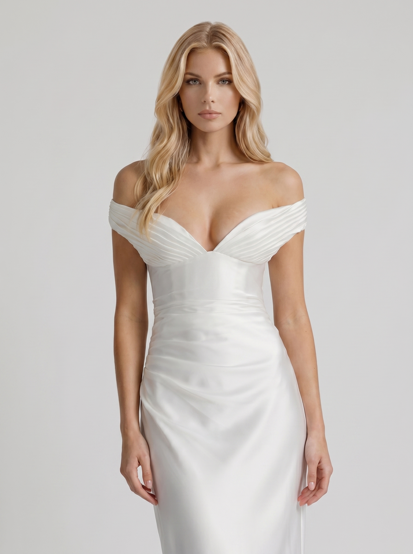 Women ivory satin off shoulder maxi dress with draped shoulder bands, front cropped view