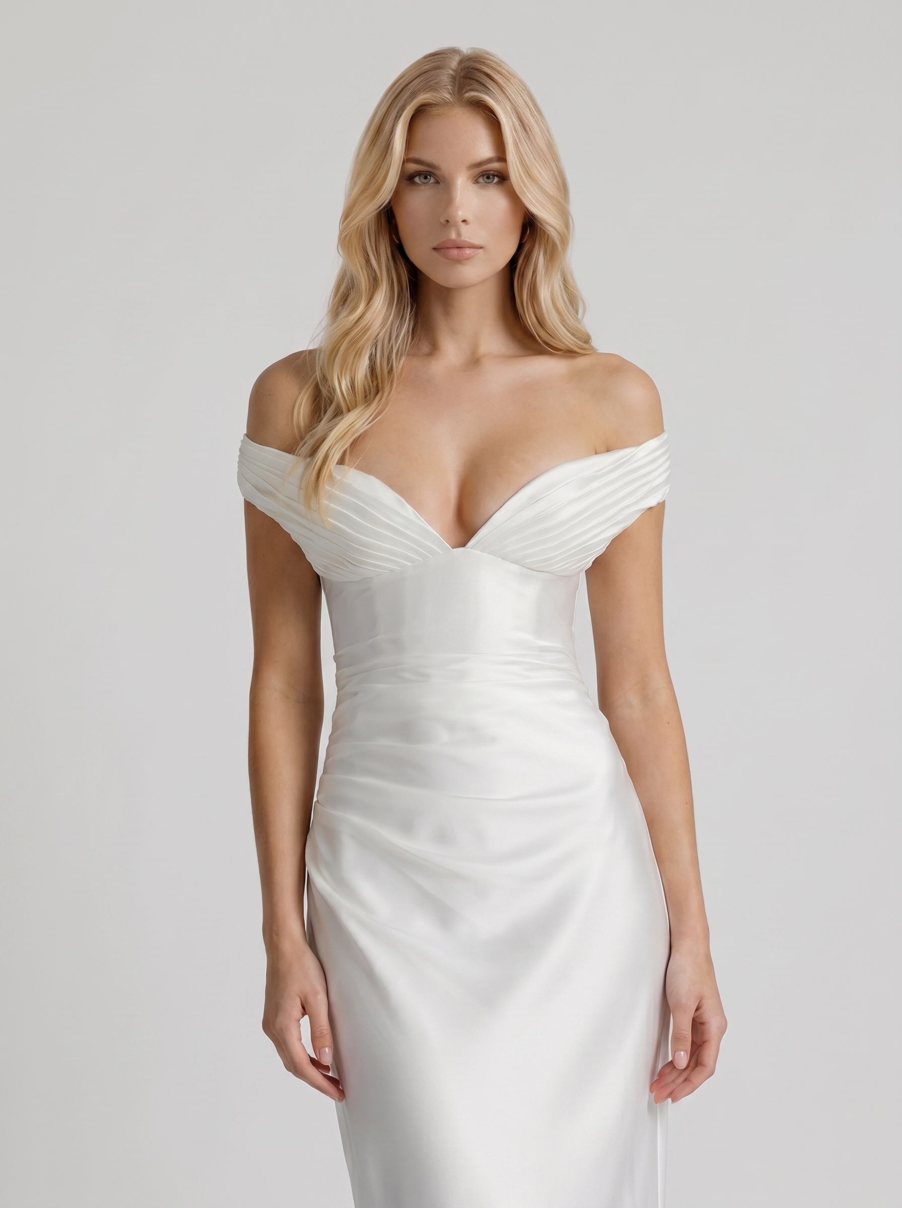 Women ivory satin off shoulder maxi dress with draped shoulder bands, front cropped view