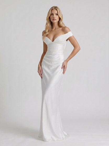 Women ivory satin off shoulder maxi dress with ruched bodice, 45 degree angle