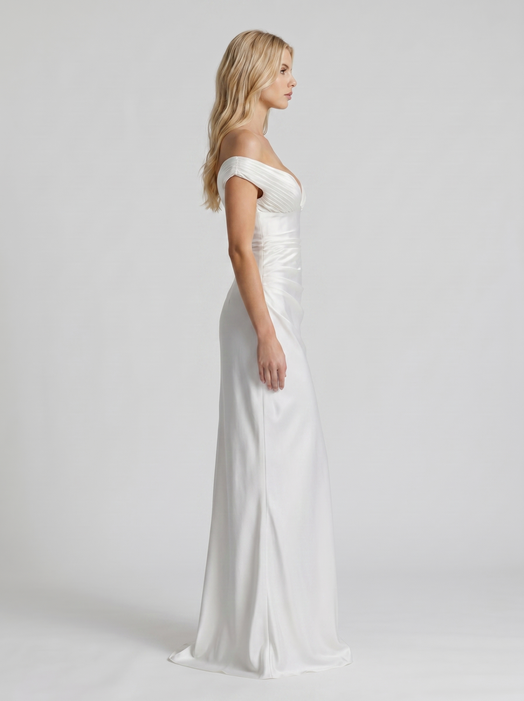 Women ivory satin off shoulder bodycon maxi dress, side profile