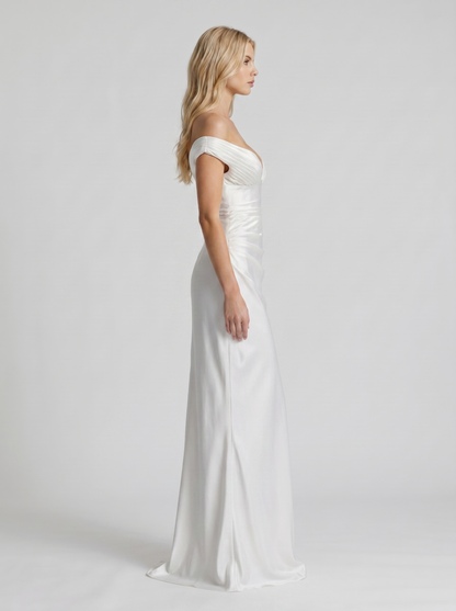 Women ivory satin off shoulder bodycon maxi dress, side profile