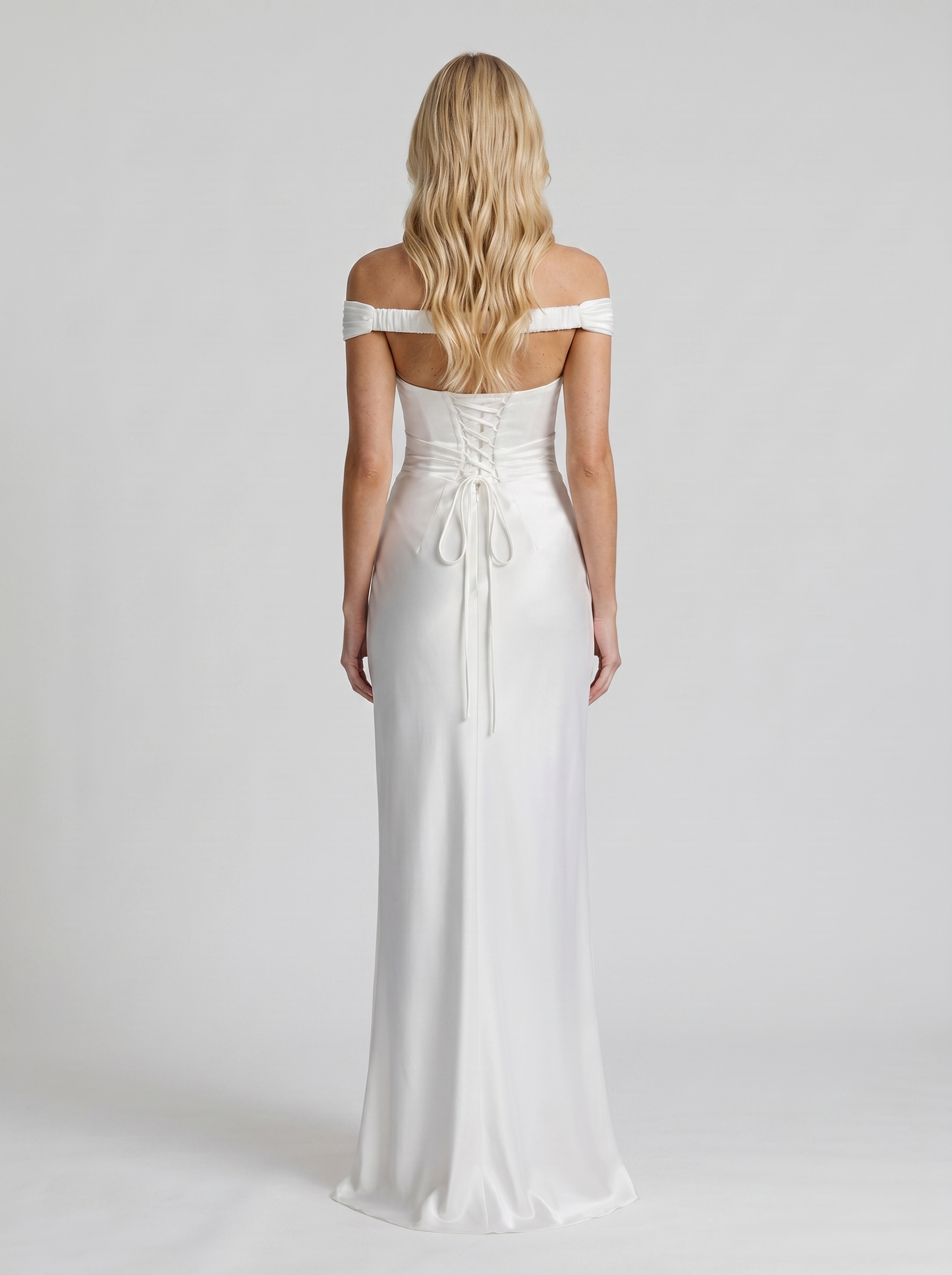 Women ivory satin off shoulder maxi dress with bodycon back, back view