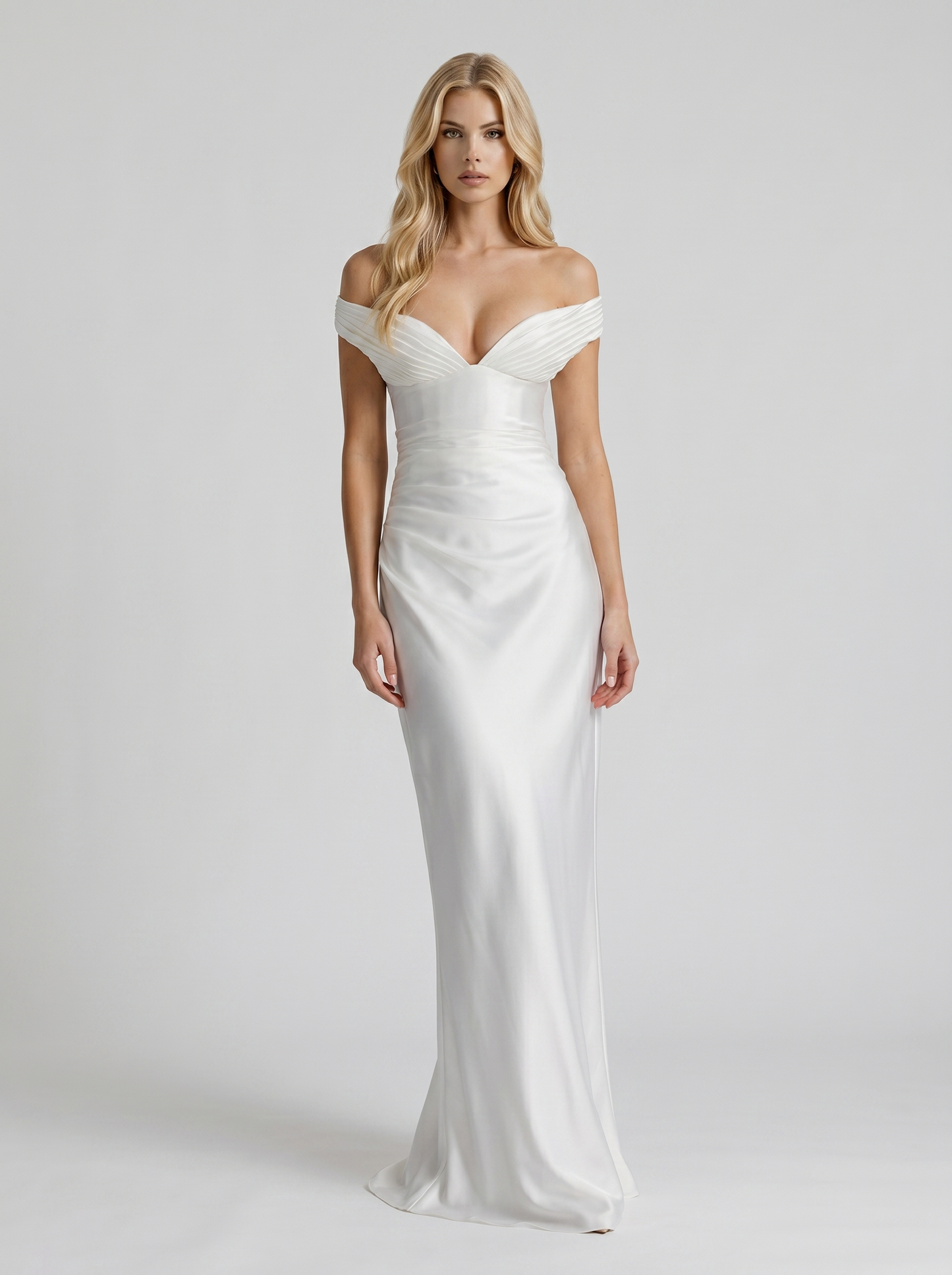 Women ivory satin off shoulder sweetheart maxi dress with bodycon silhouette, front view