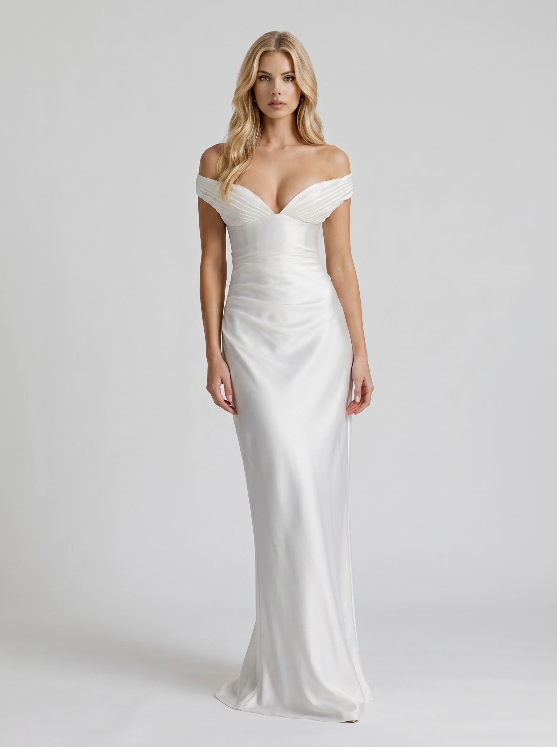 Women ivory satin off shoulder sweetheart maxi dress with bodycon silhouette, front view