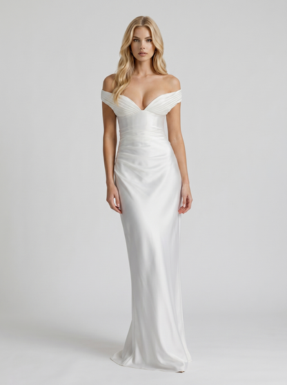 Women ivory satin off shoulder sweetheart maxi dress with bodycon silhouette, front view