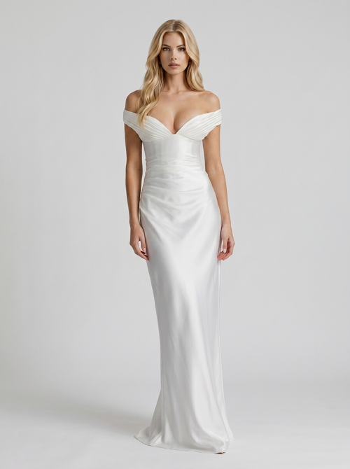 Women ivory satin off shoulder sweetheart maxi dress with bodycon silhouette, front view
