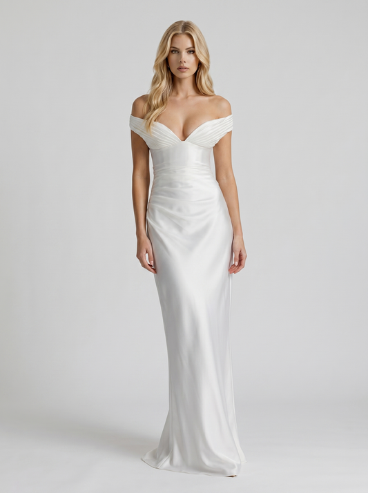 Women ivory satin off shoulder sweetheart maxi dress with bodycon silhouette, front view
