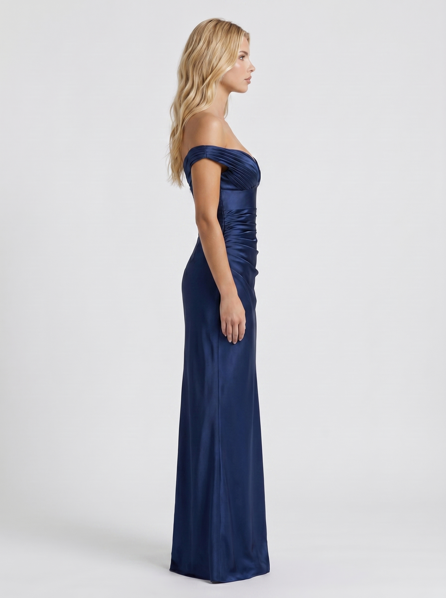 Women navy satin off shoulder bodycon maxi dress, side profile
