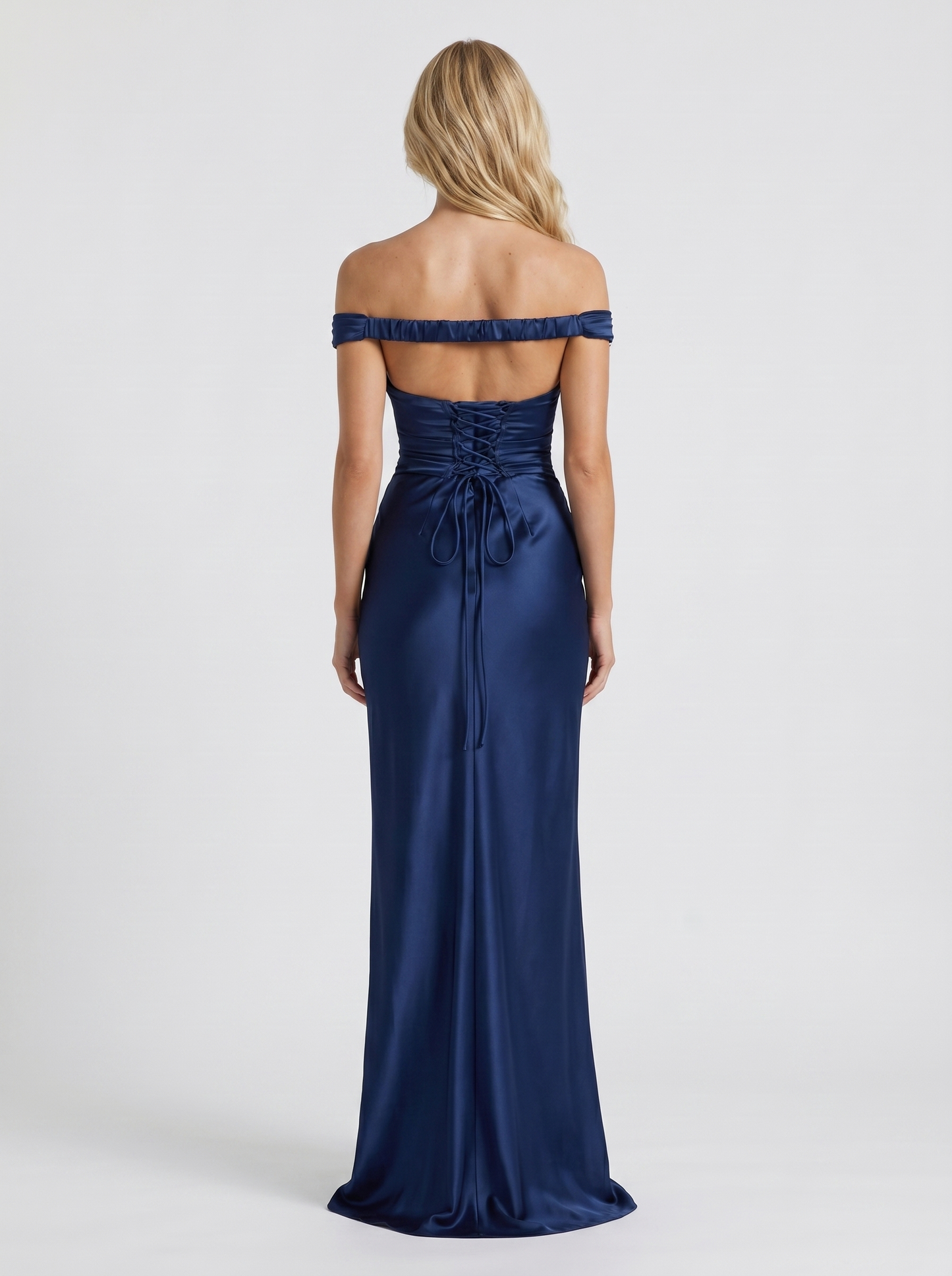 Women navy satin off shoulder maxi dress with bodycon back, back view