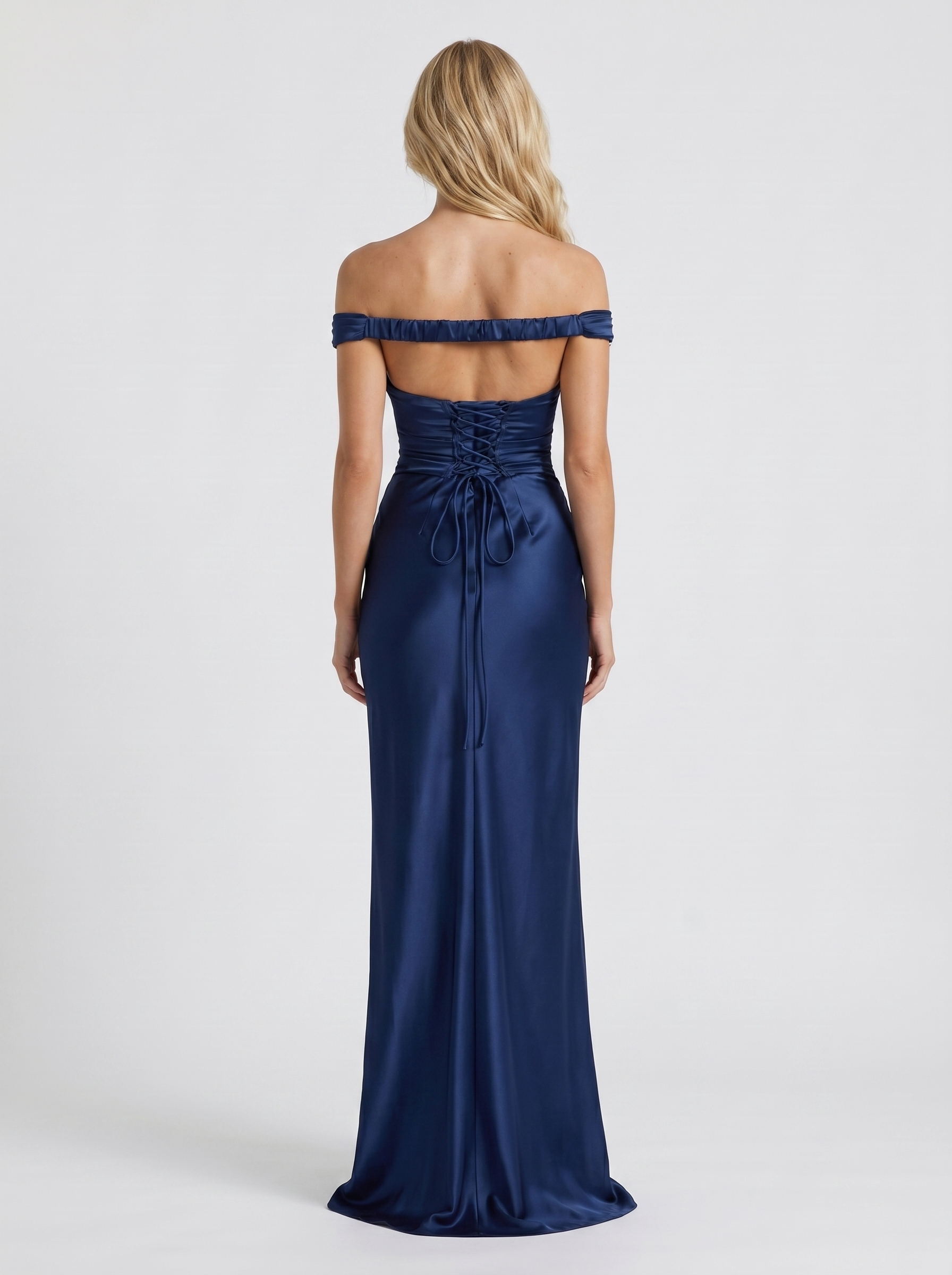 Women navy satin off shoulder maxi dress with bodycon back, back view