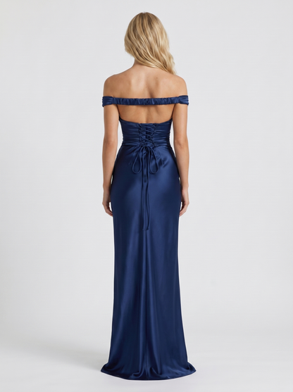 Women navy satin off shoulder maxi dress with bodycon back, back view