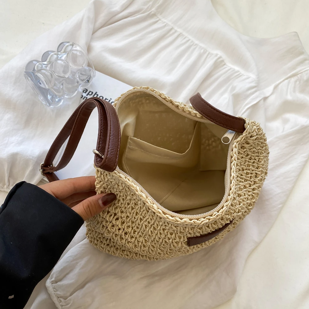 Women beige shoulder bag with adjustable strap and woven body