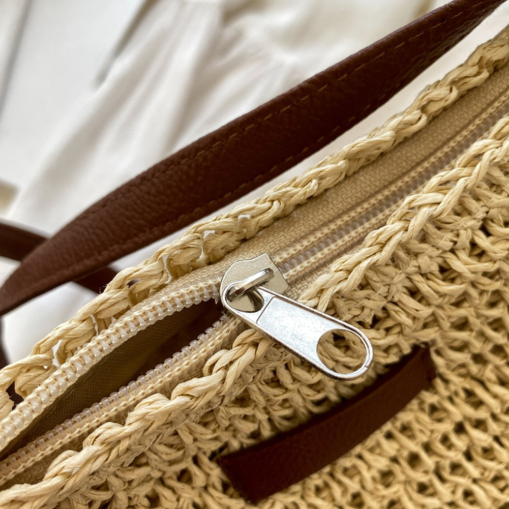 Women beige shoulder bag with adjustable strap and woven body