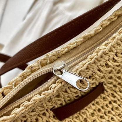Women beige shoulder bag with adjustable strap and woven body
