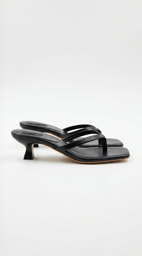 Women black heeled sandals with kitten heel and strappy design
