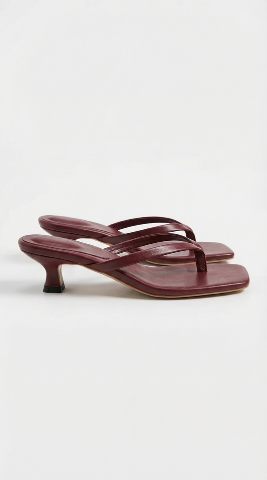 Women burgundy heeled sandals with kitten heel and strappy design