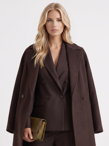 Women's dark chocolate brown longline coat with notch lapel and straight sleeves