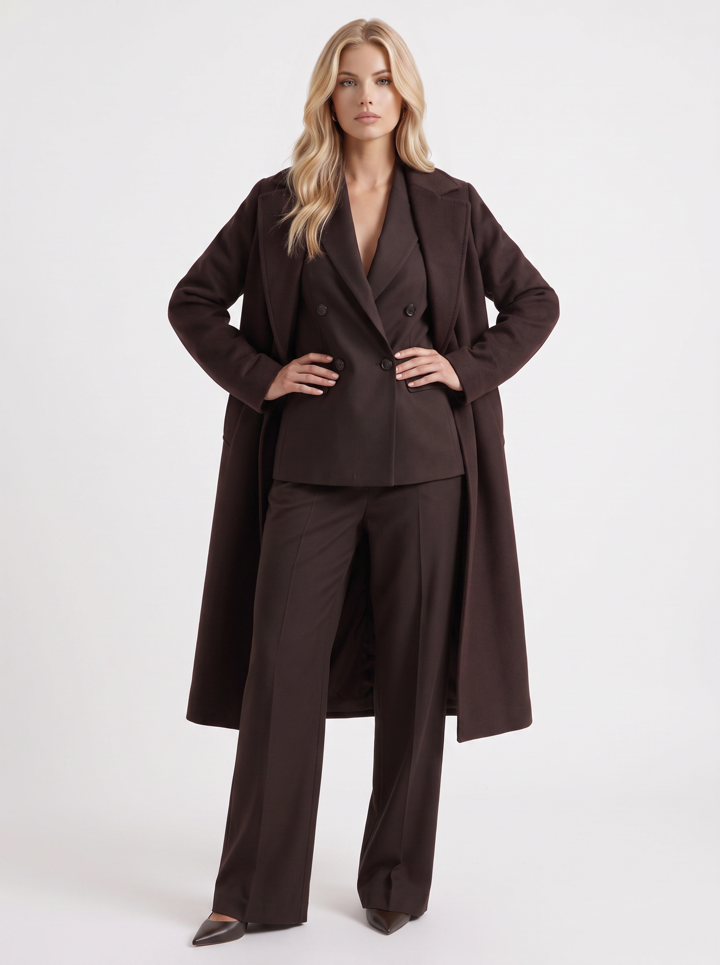 Women's dark chocolate brown longline coat with notch lapel and straight sleeves