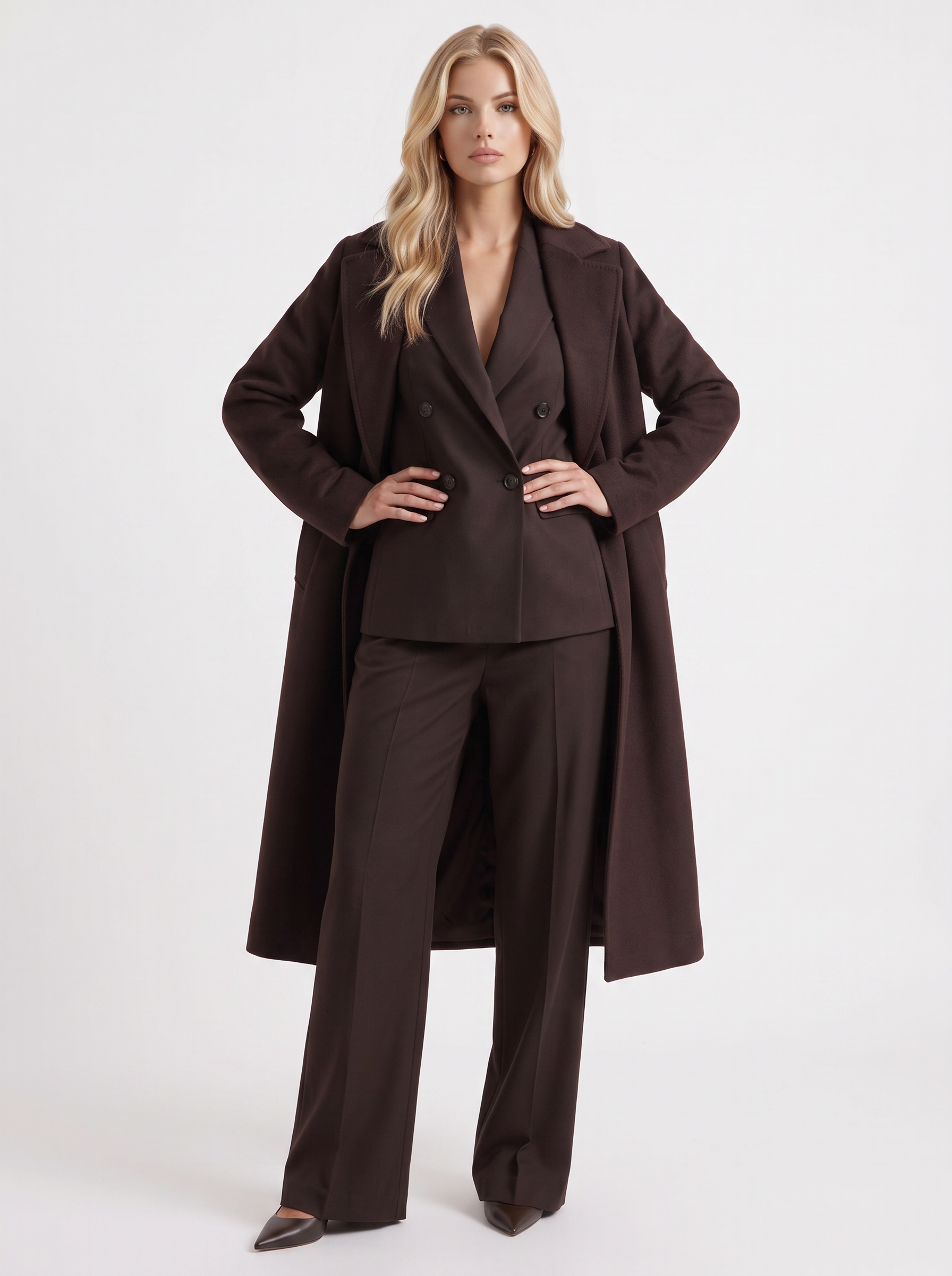 Women's dark chocolate brown longline coat with notch lapel and straight sleeves