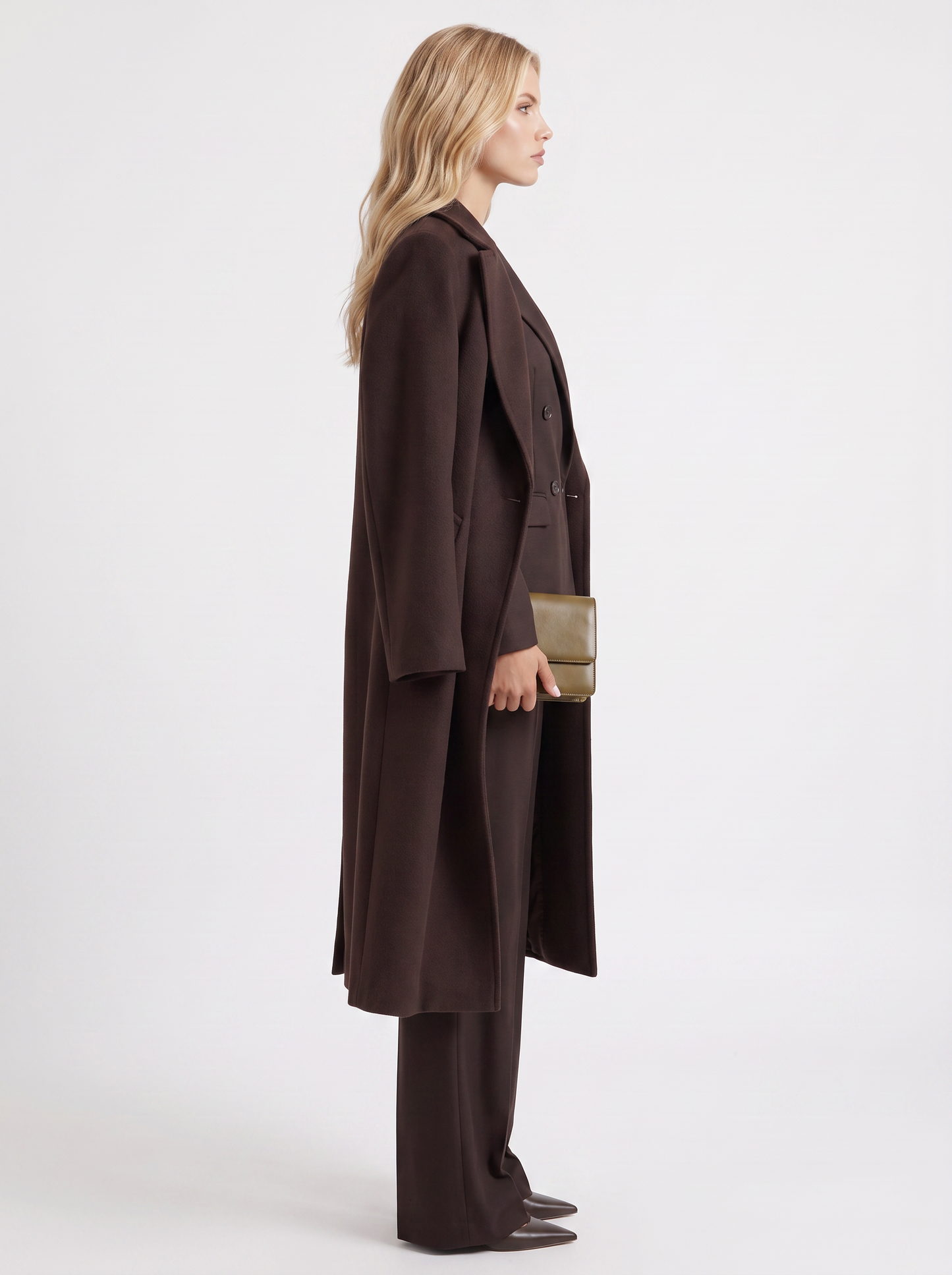 Women's dark chocolate brown longline coat with notch lapel and straight sleeves