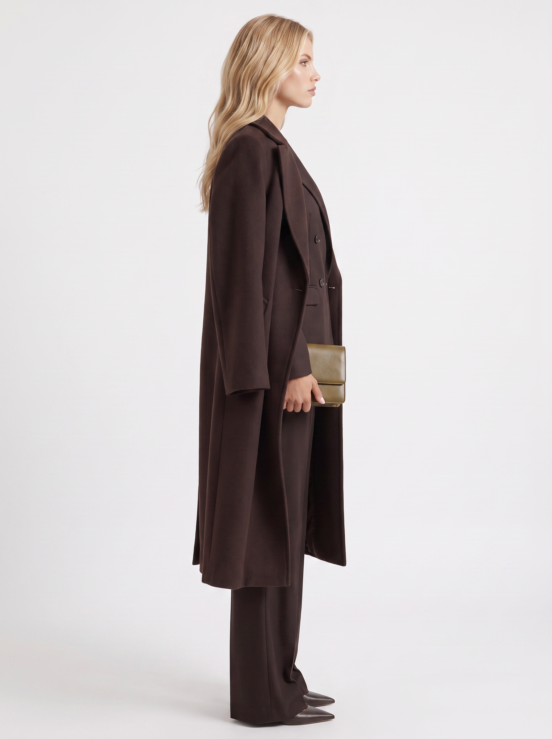 Women's dark chocolate brown longline coat with notch lapel and straight sleeves