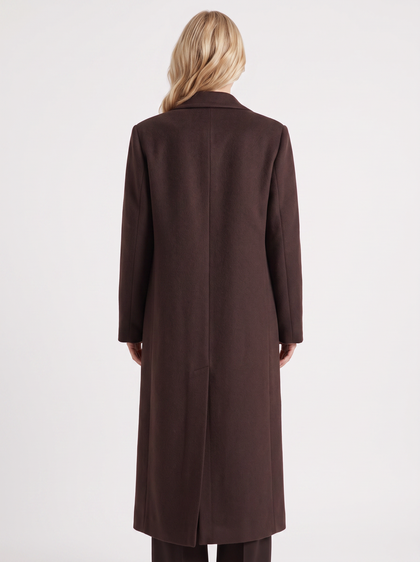 Women's dark chocolate brown longline coat with notch lapel and straight sleeves