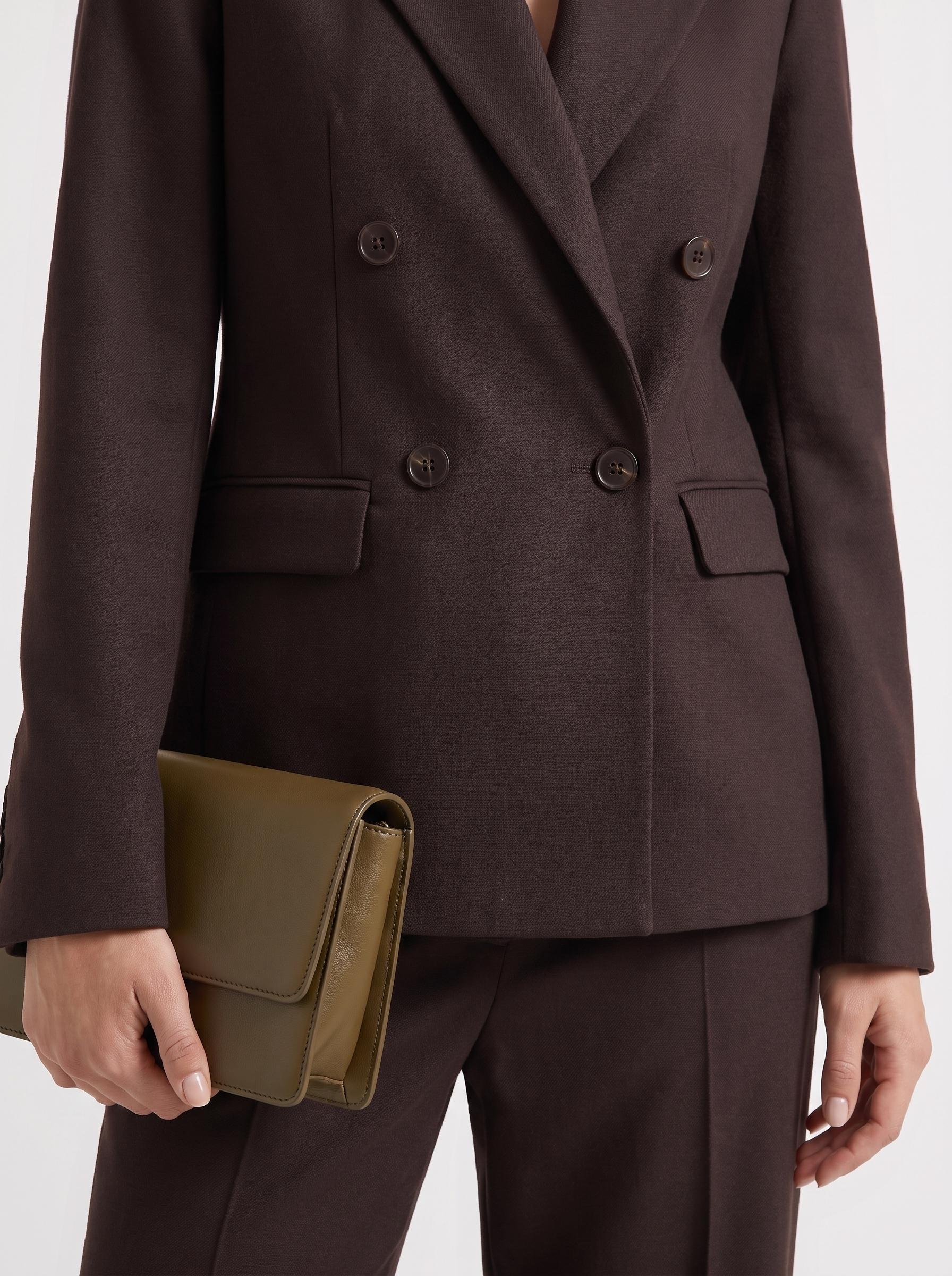 Women's dark chocolate brown longline coat with notch lapel and straight sleeves