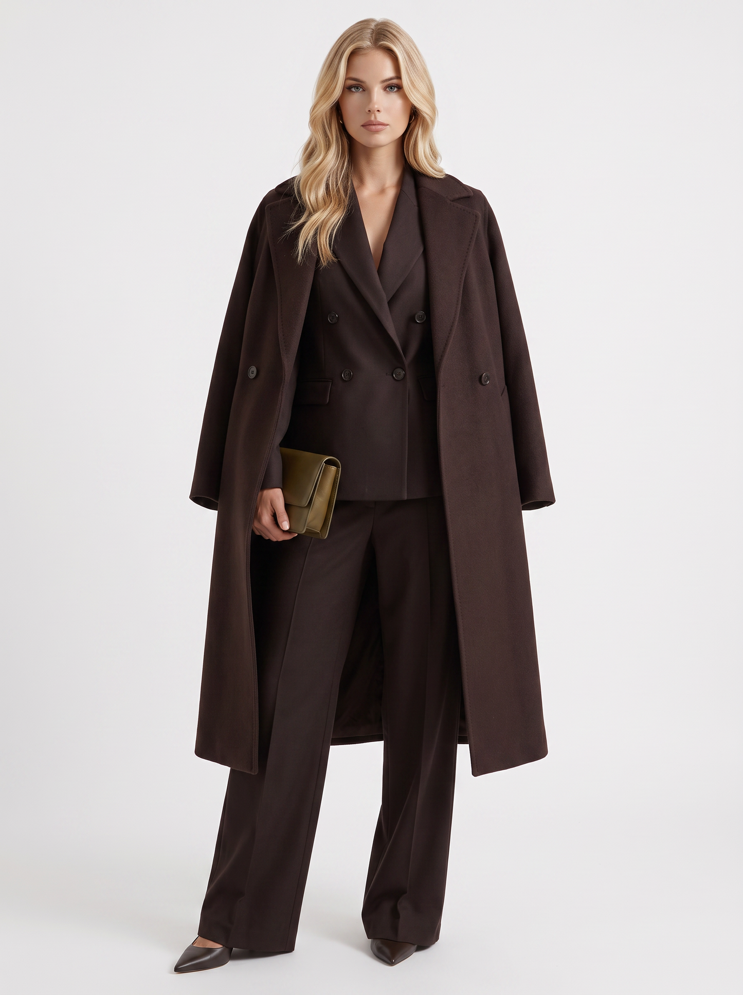 Women's dark chocolate brown longline coat with notch lapel and straight sleeves
