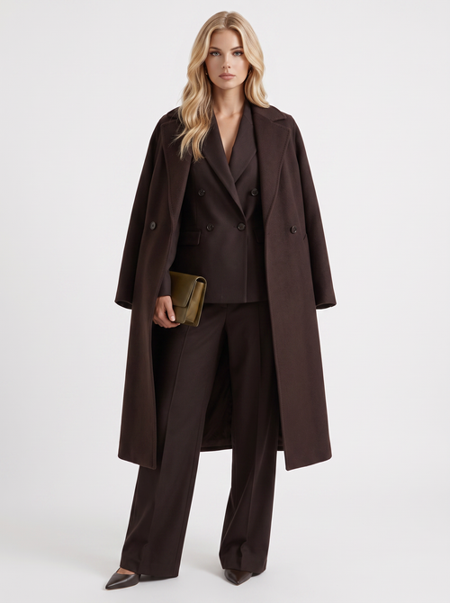 Women's dark chocolate brown longline coat with notch lapel and straight sleeves
