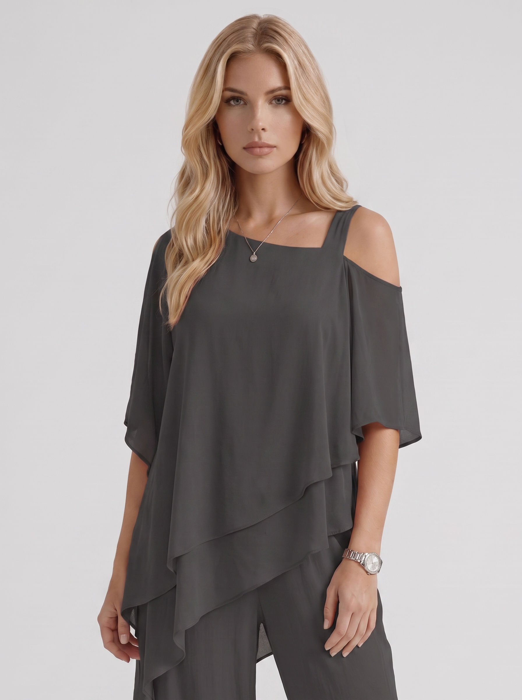 Women black pants two piece set with cold shoulder top and matching pants
