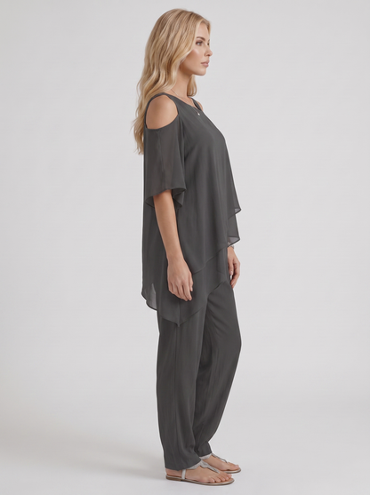 Women black pants two piece set with cold shoulder top and matching pants